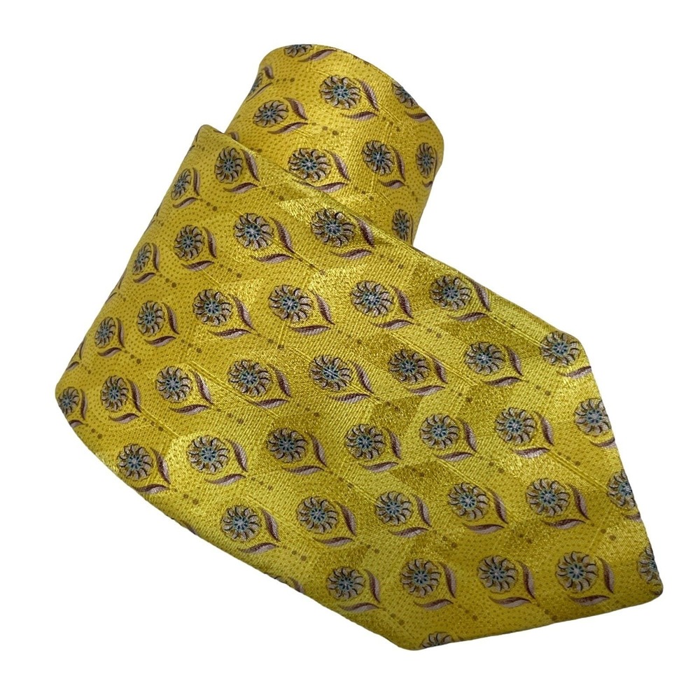 Ermenegildo Zegna Designer Men's Necktie Tie 3.5" Silk Yellow Blue Floral‎